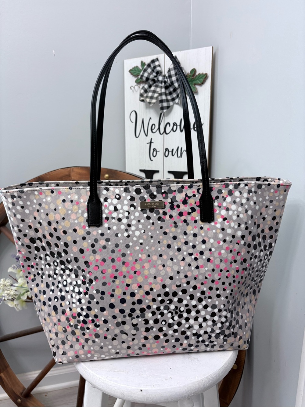 Kate Spade Beige Multicolor Dot Tote with Black Handles